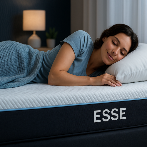 Woman sleeping on a mattress with 'ESSE' branding in a bedroom setting.