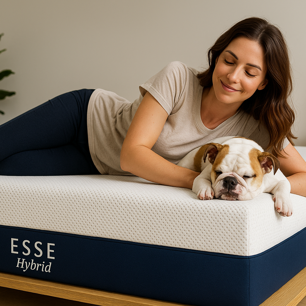 Woman lying on a 'ESSE Hybrid' mattress with a dog, smiling.